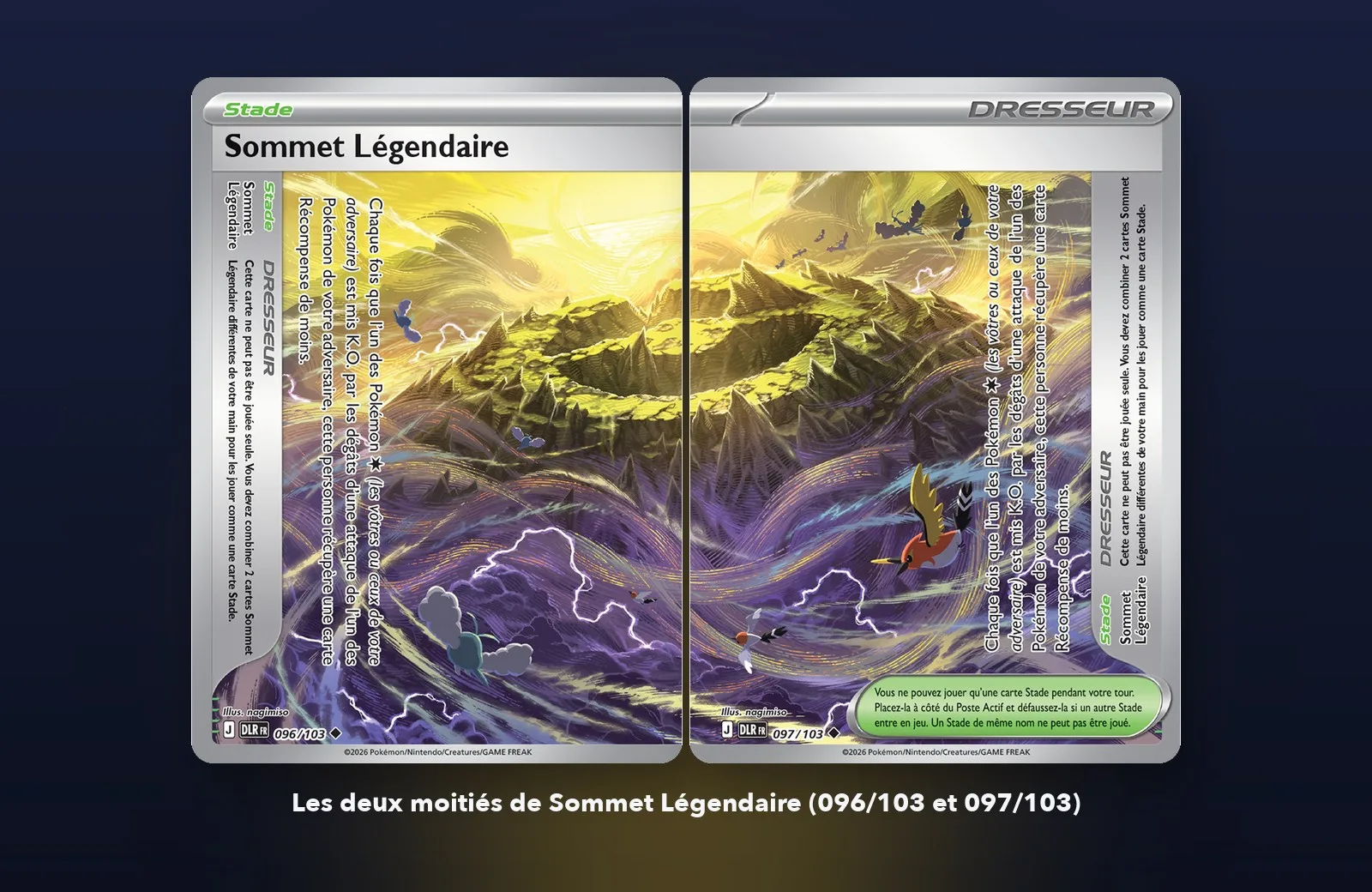 Les deux moitiés du Stade Sommet Légendaire de Règne Delta posées côte à côte, numérotées 096/103 et 097/103, qui forment une seule illustration de montagne dans la tempête