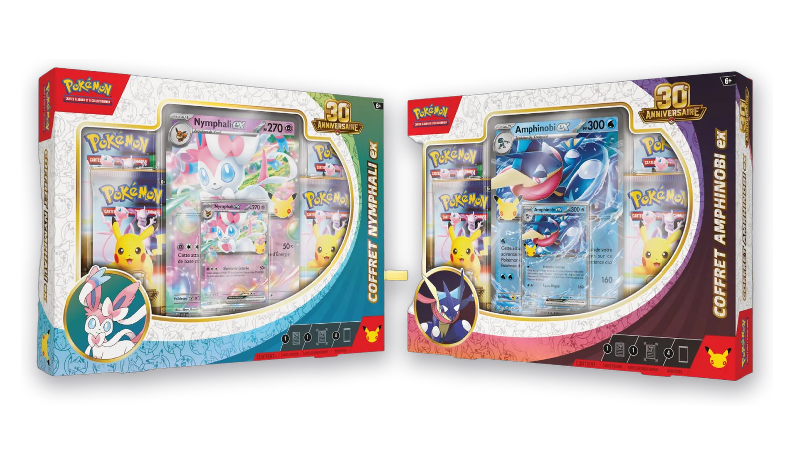 Le Coffret Nymphali-ex et le Coffret Amphinobi-ex de l’extension 30ᵉ Anniversaire, chacun présentant sa carte ex en façade et quatre boosters