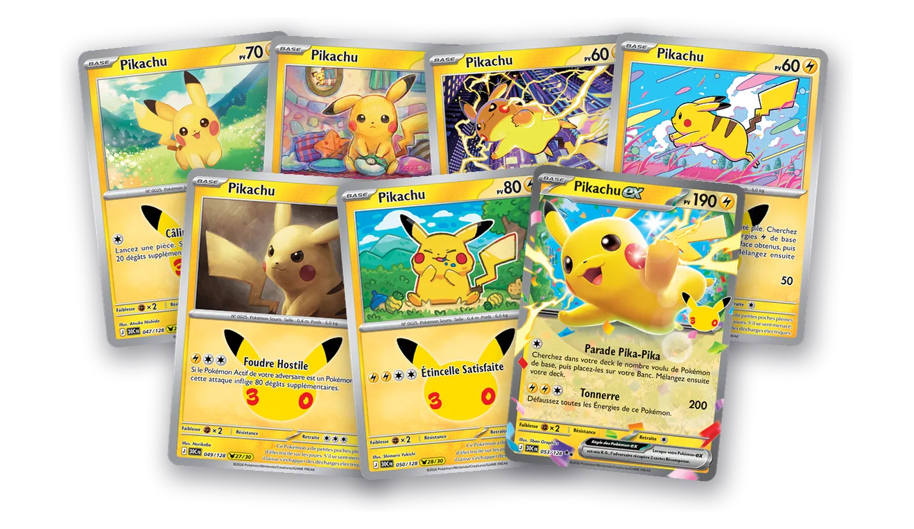 Sept cartes Pikachu françaises de l’extension 30ᵉ Anniversaire du JCC Pokémon