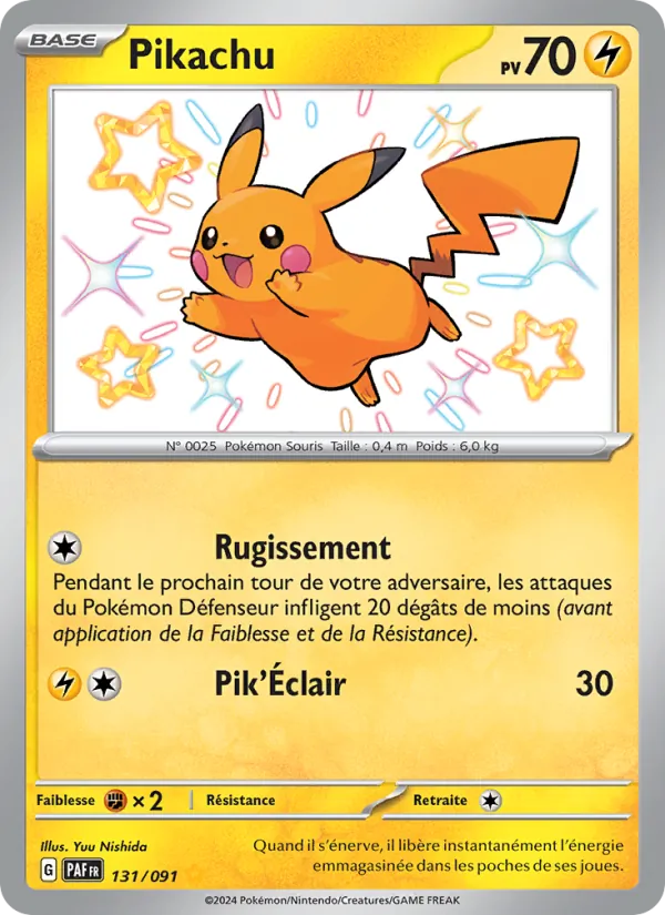 Carte Pokémon Pikachu chromatique 131/091 de Destinées de Paldea, un Pikachu shiny aux tons orangés sur fond scintillant