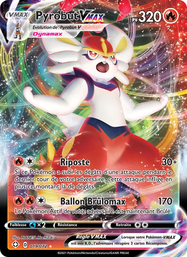 Carte Pokémon Pyrobut VMAX de Destinées Radieuses, avec le logo VMAX et le Pokémon Gigamax qui déborde du cadre